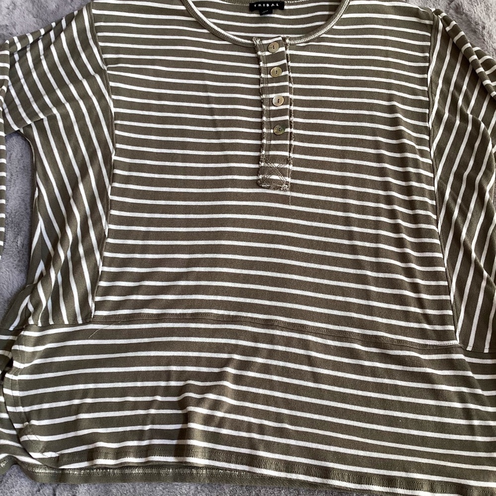 New without tags Tribal long sleeve top size L khaki and white stripe
